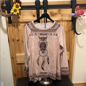 Bohemian Owl Print Long Sleeve Blouse